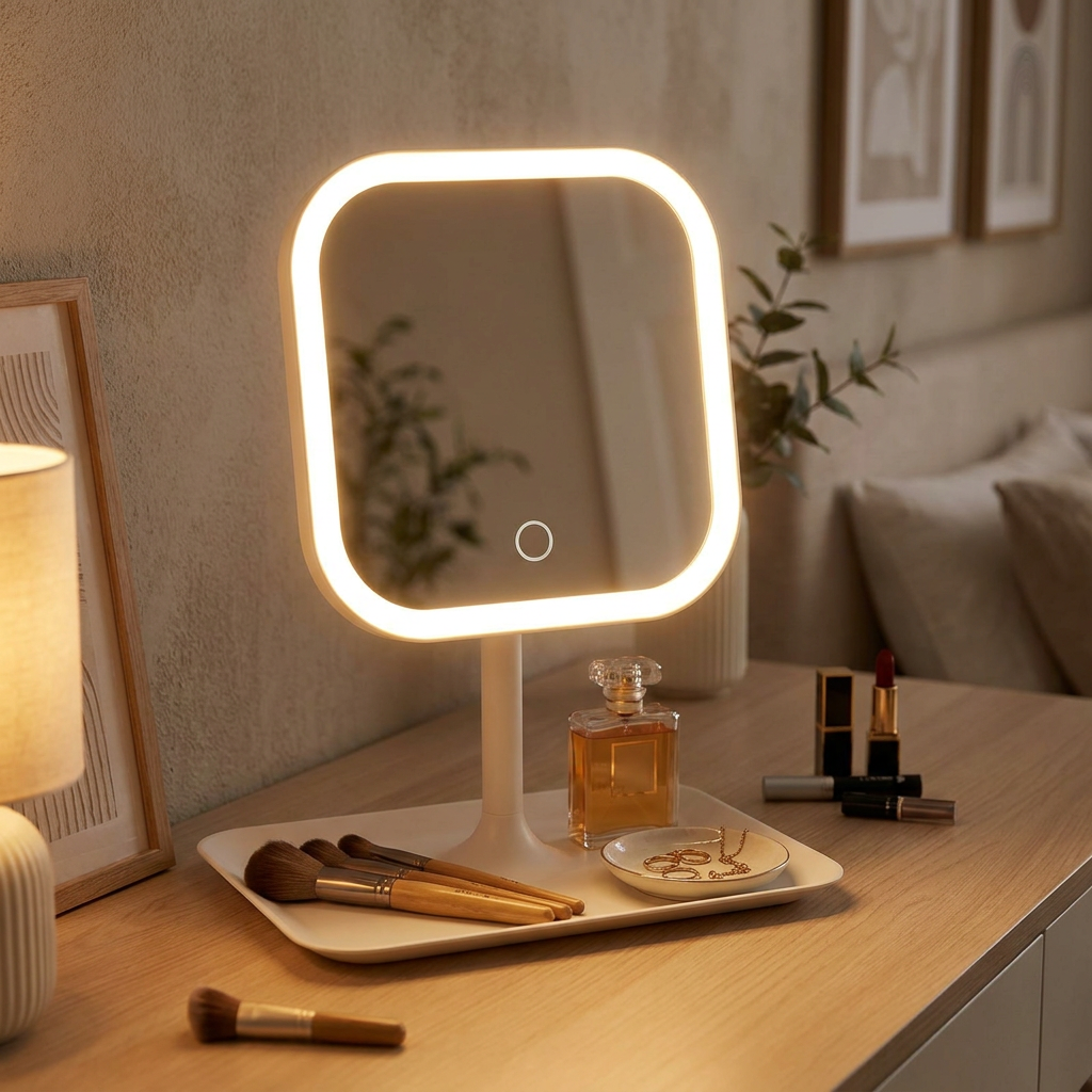 LED makeup mirror glowing on a bedroom dressing table