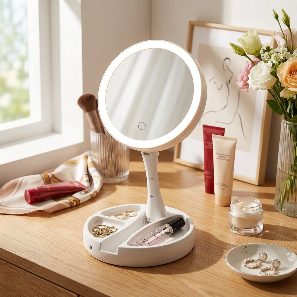 Foldable illuminated vanity mirror open on a dressing table