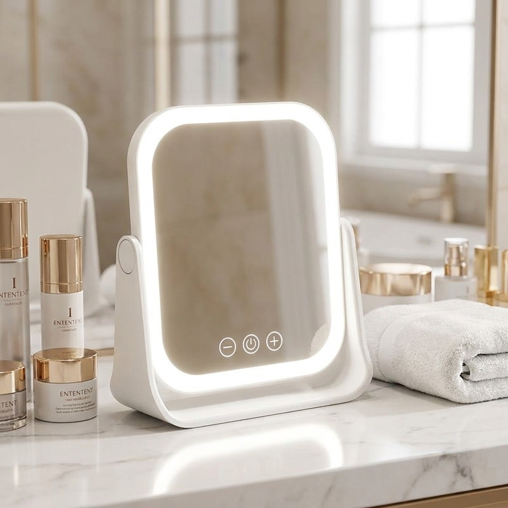 LED makeup mirror with touch dimming on a marble bathroom counter