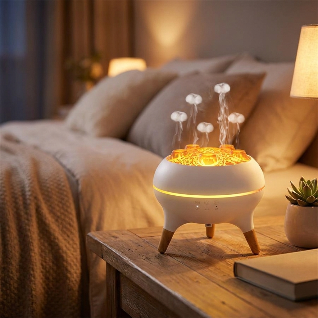 AquaGlow jellyfish essential oil diffuser running on a bedside table