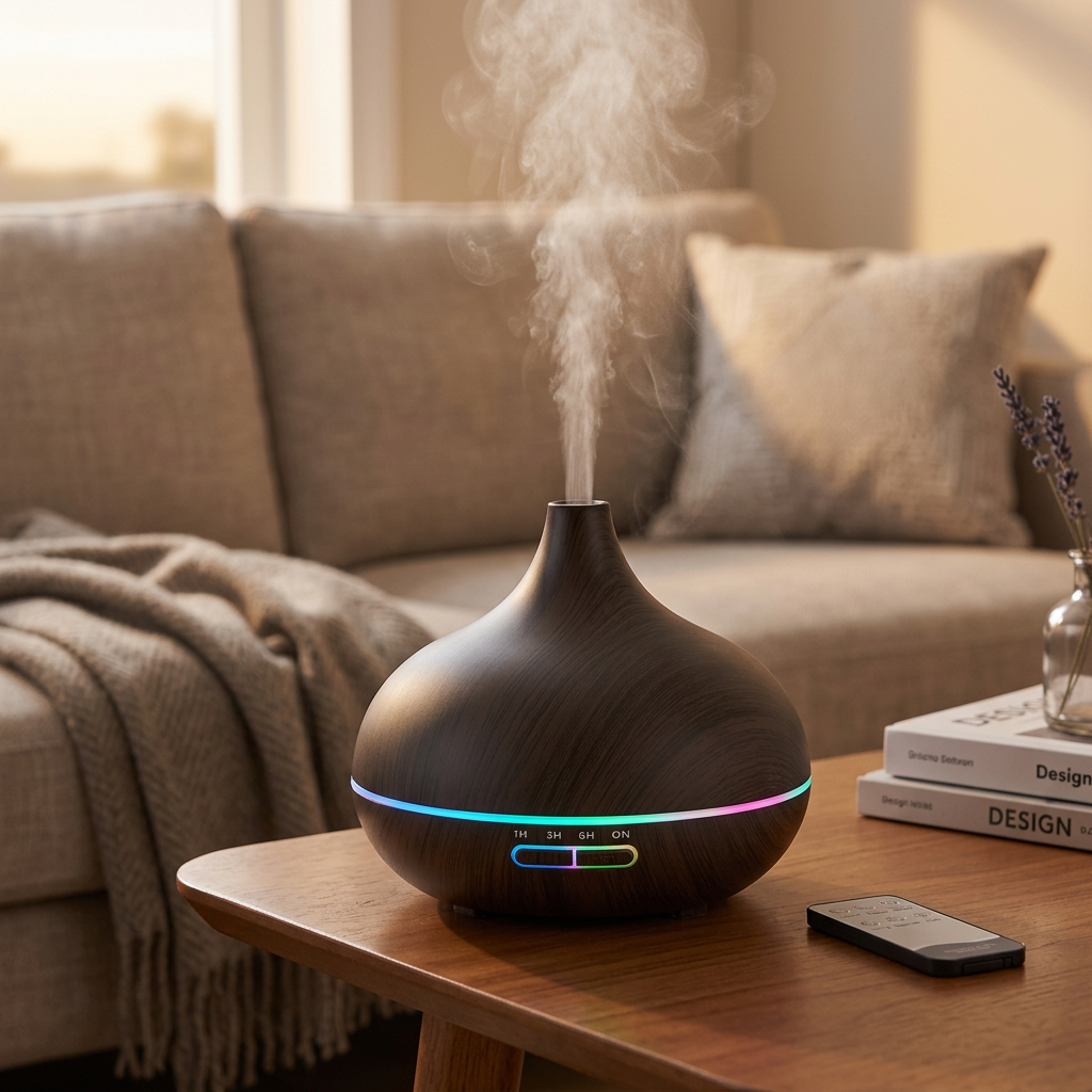 Aroma Bliss USB diffuser with LED lights running on a living room side table