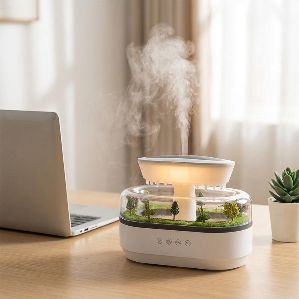 Ultrasonic humidifier and oil diffuser running on a desk