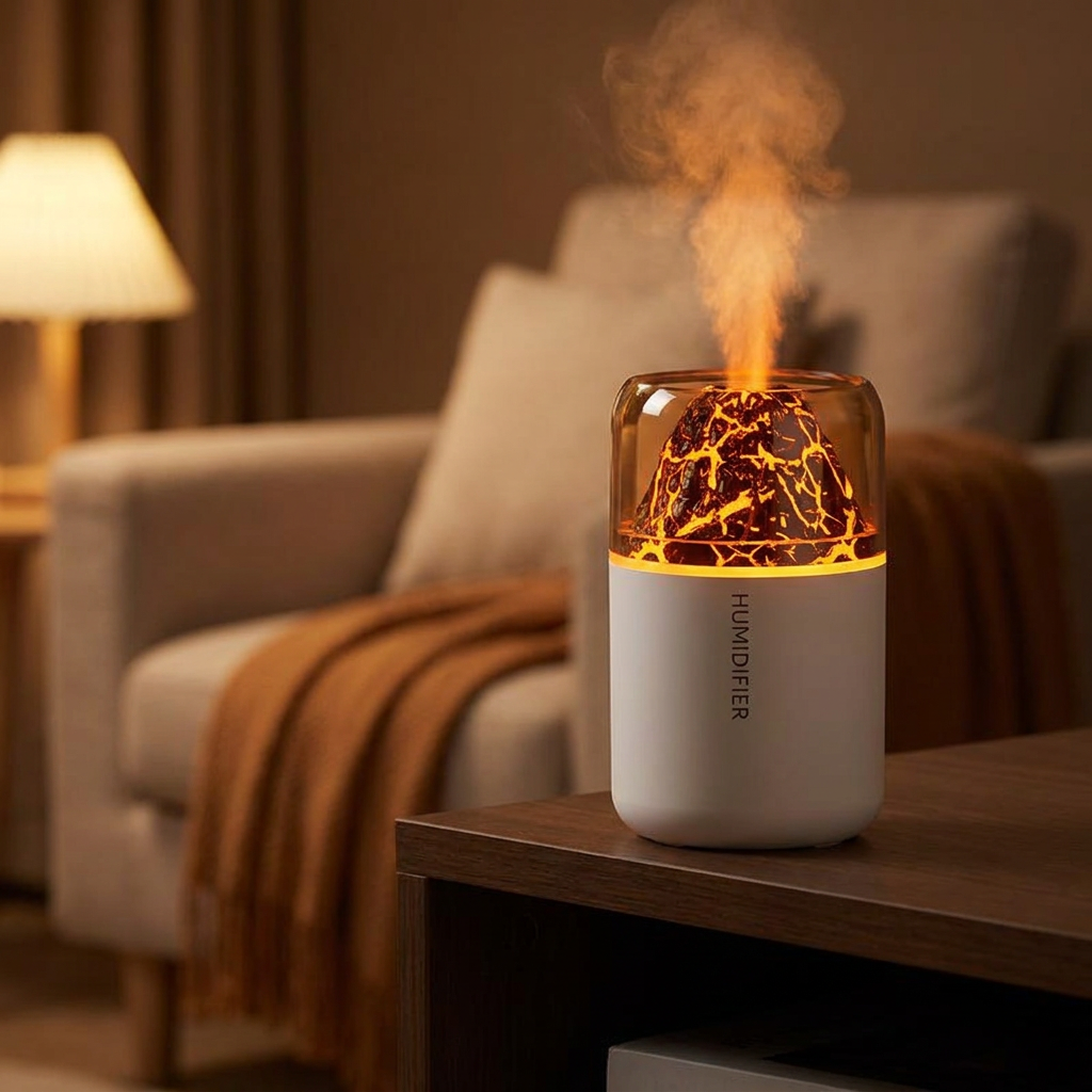 Volcanic Glow aromatherapy diffuser glowing on a living room shelf