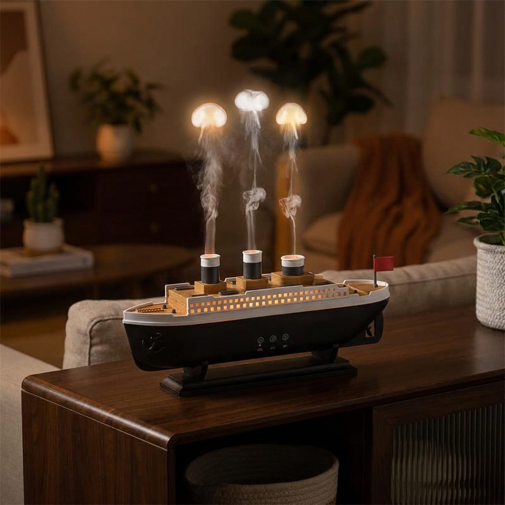 Ship model humidifier with LED jellyfish effect glowing on a console table