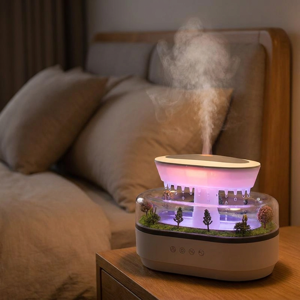 Ultrasonic humidifier with LED lights running on a bedroom nightstand
