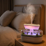 Ultrasonic humidifier with LED lights running on a bedroom nightstand