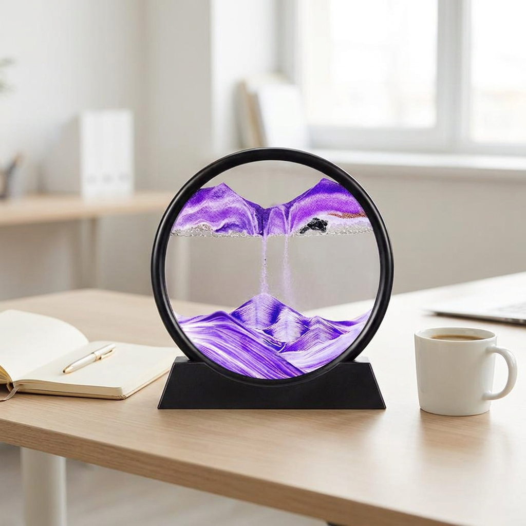 3D moving sand art picture displayed on a desk