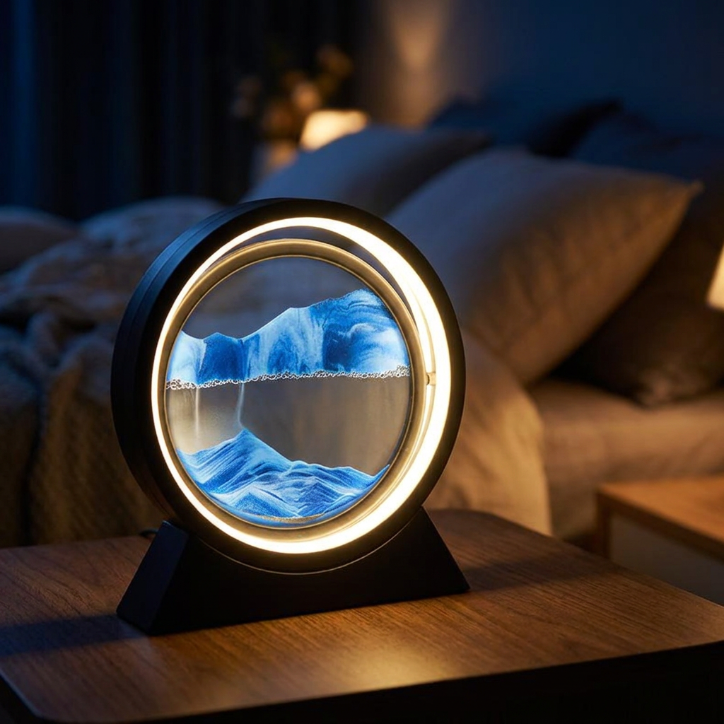 LED moving sand art table lamp lit on a bedside table
