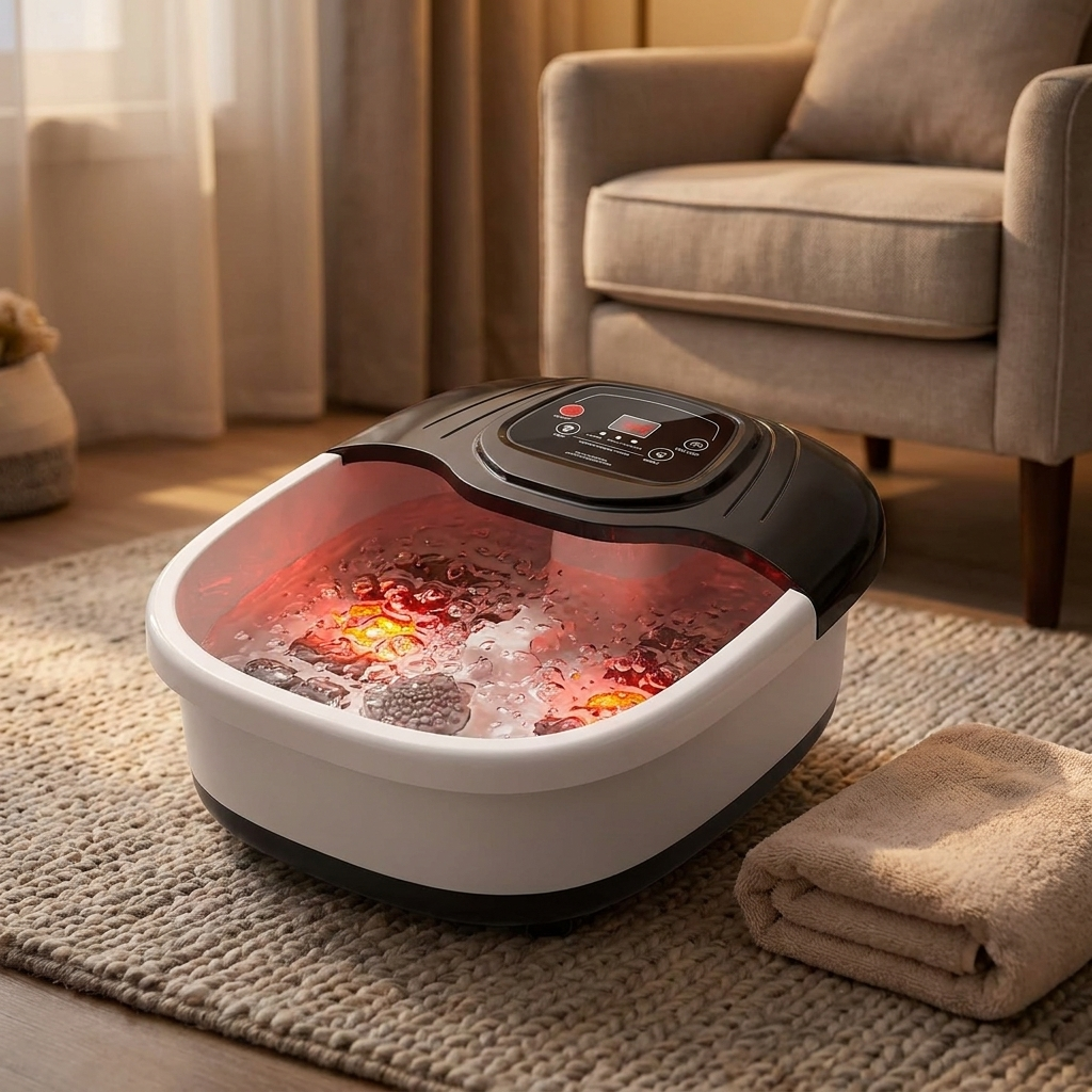 Heated foot spa bath massager set up in a living room