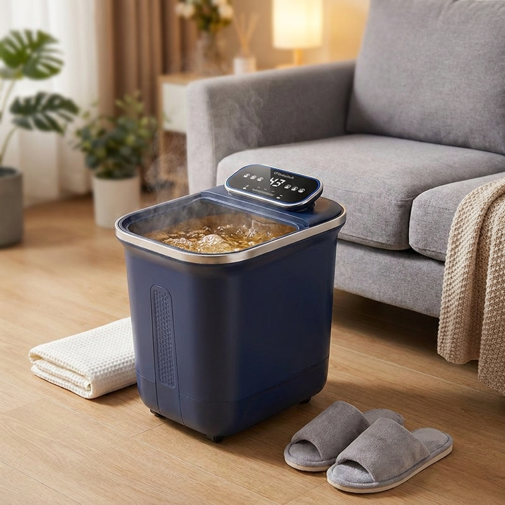 Electric foot spa with vibration set up beside a sofa