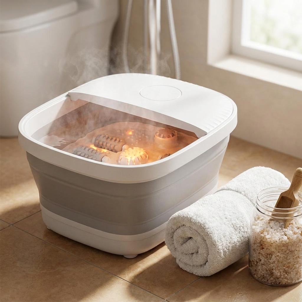 Automatic constant-temperature foot bath in use in a bathroom