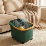 Thermostatic electric foot bath in use in a living room