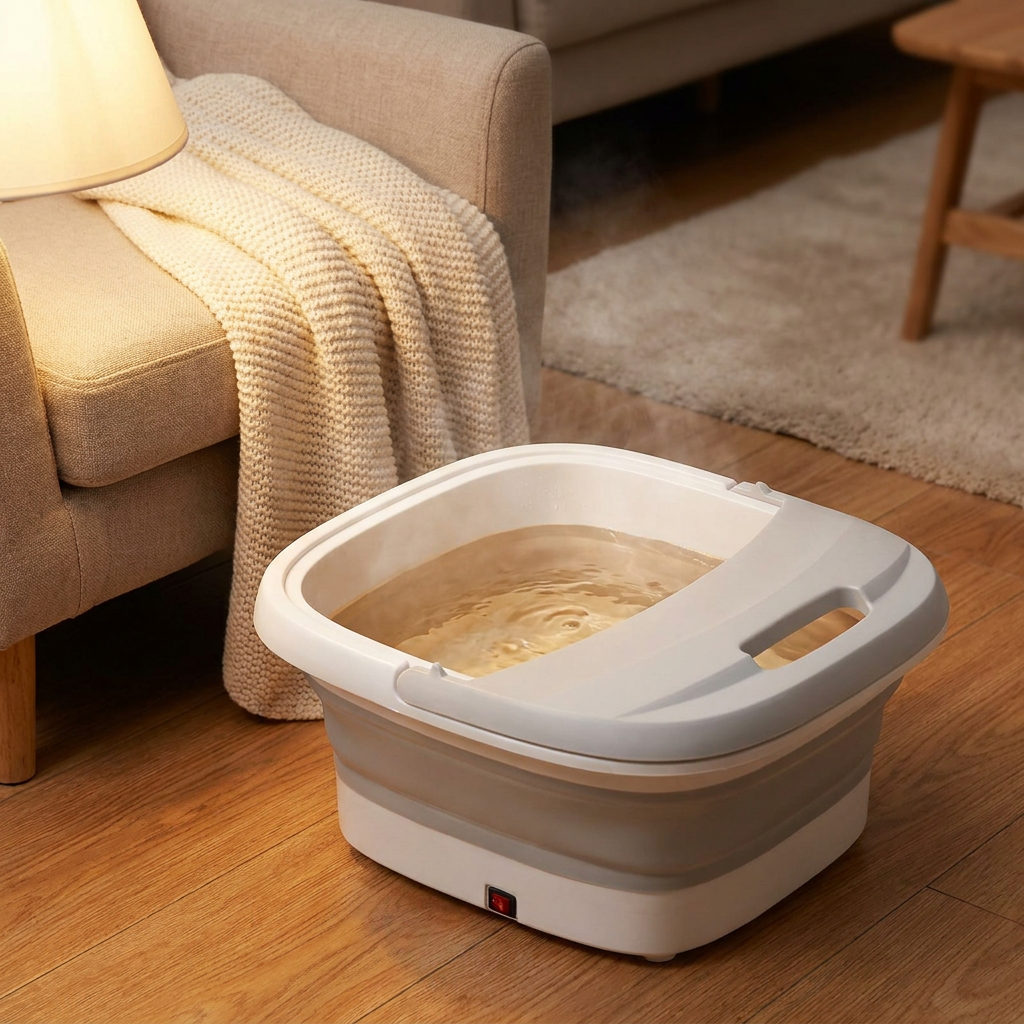 Foldable electric foot spa tub set up beside an armchair