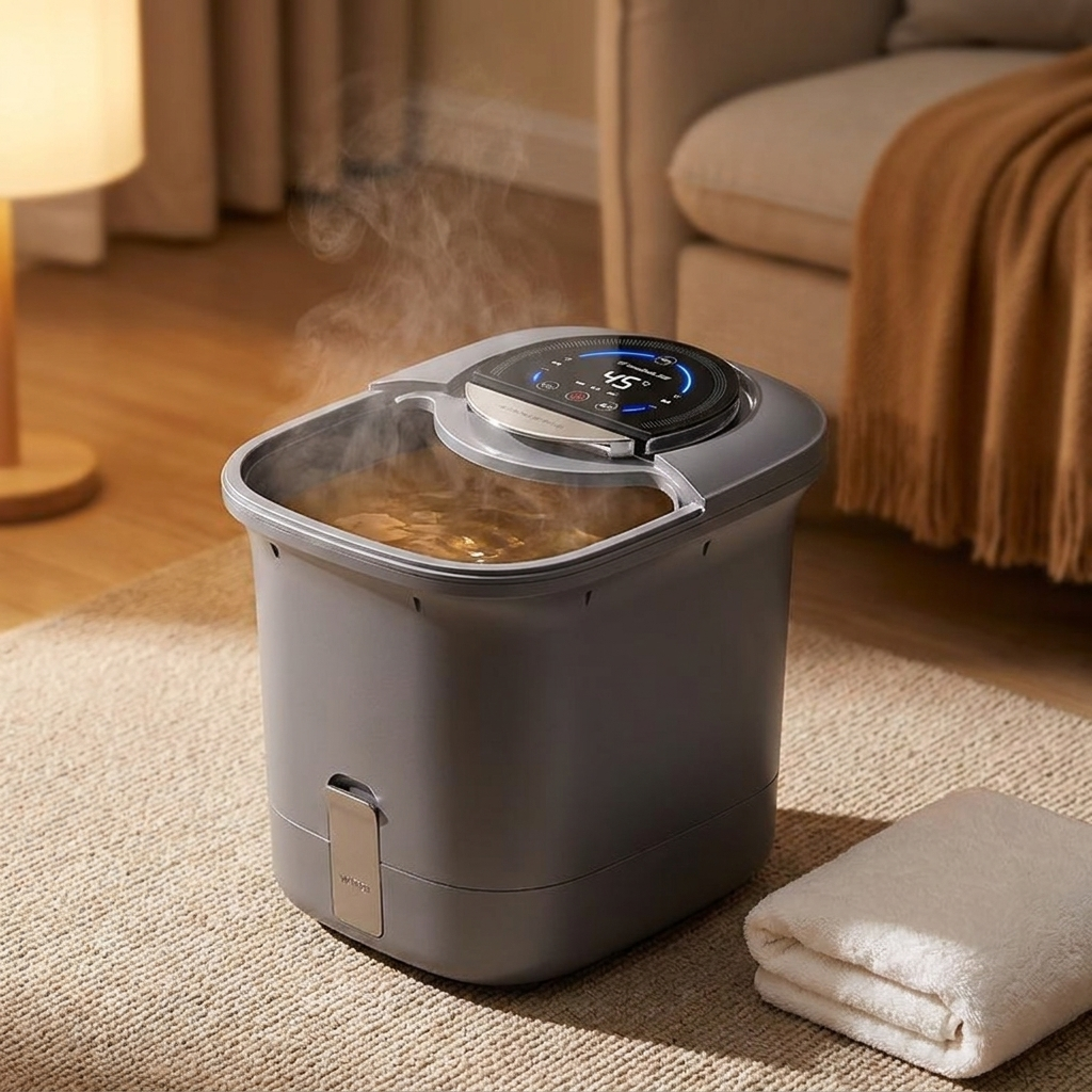 Electric foot bath massager with temperature control in use at home