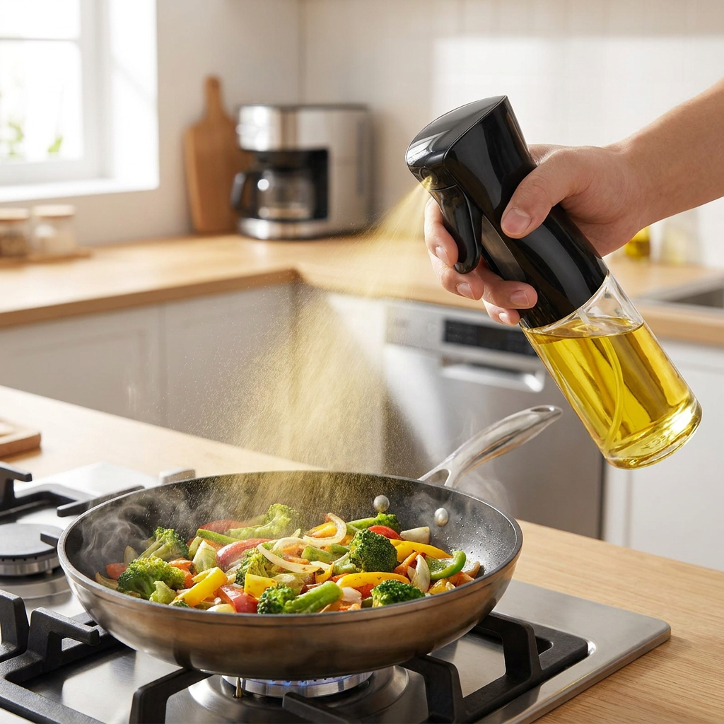 EcoChef oil spray bottle being used over a frying pan
