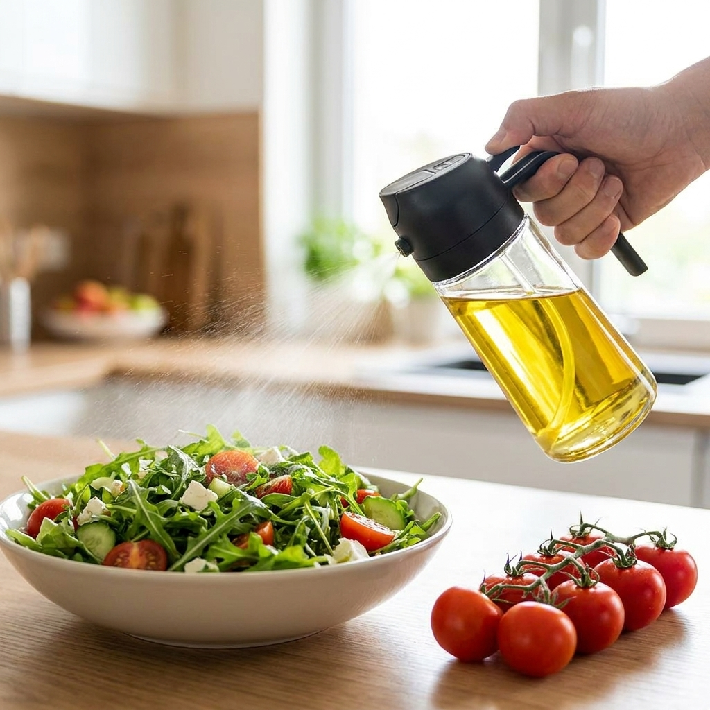 2-in-1 glass oil sprayer and dispenser in use on a kitchen counter