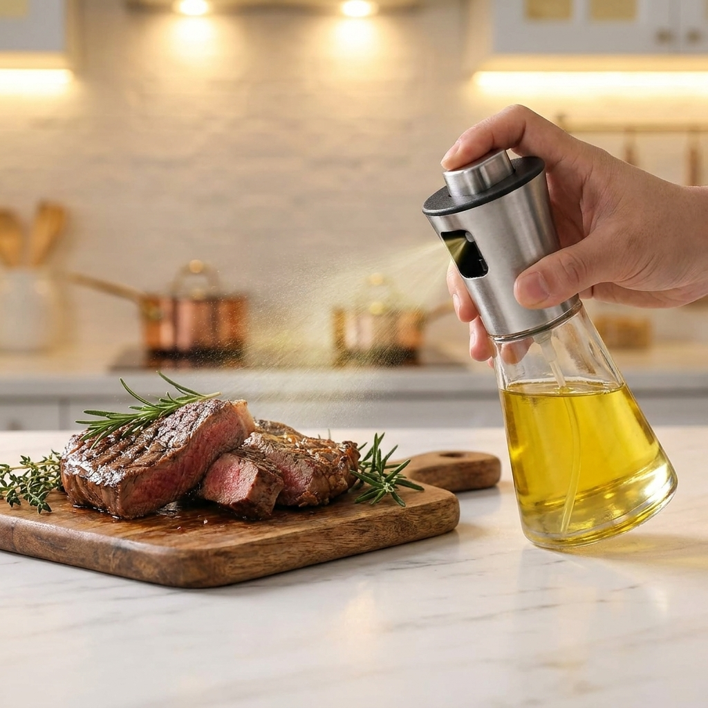 Stainless steel olive oil sprayer in use in a kitchen