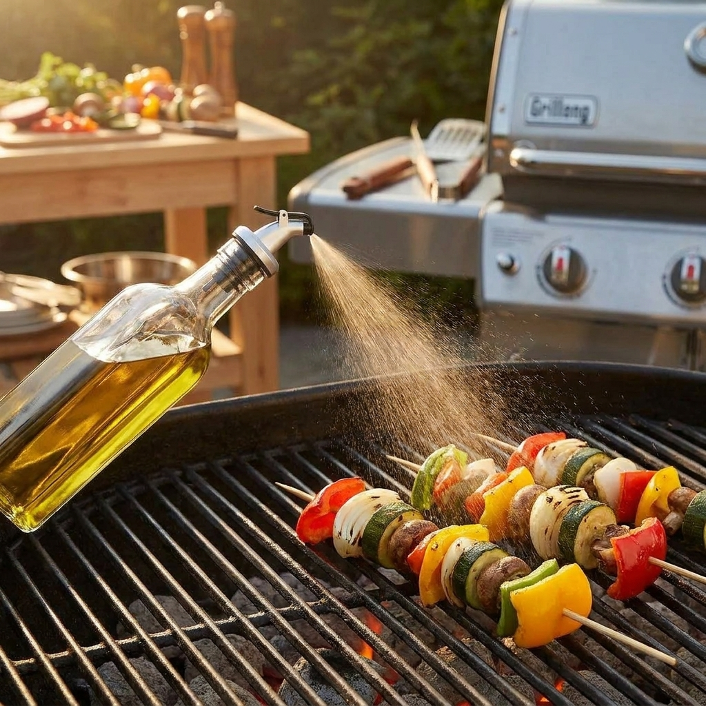 Flip-top olive oil sprayer in use at an outdoor grill