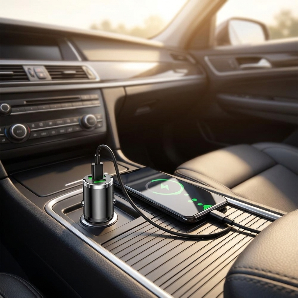 Compact 200W mini car charger in use in a car