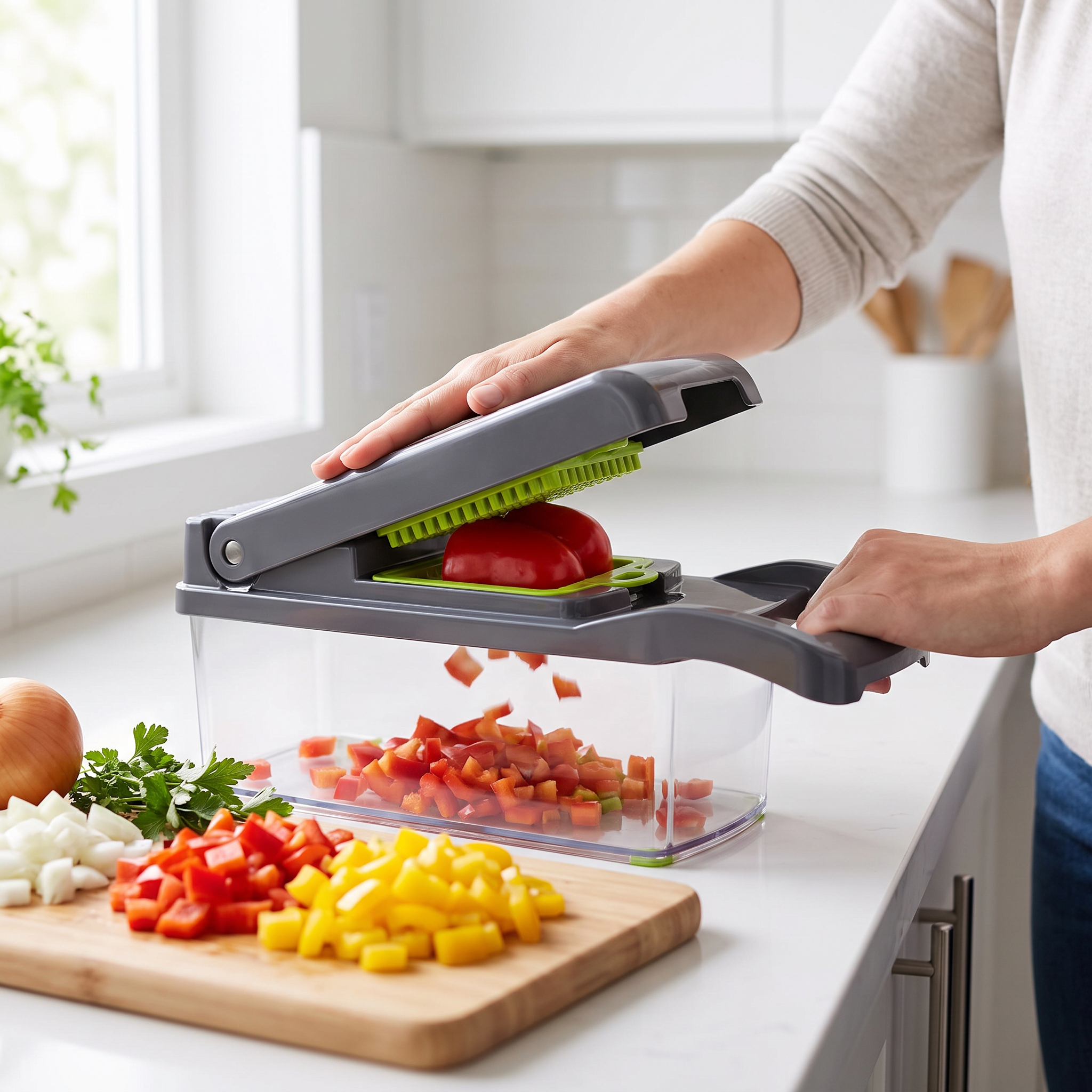Hands using the 16-in-1 manual vegetable chopper on a bright kitchen counter with fresh vegetables