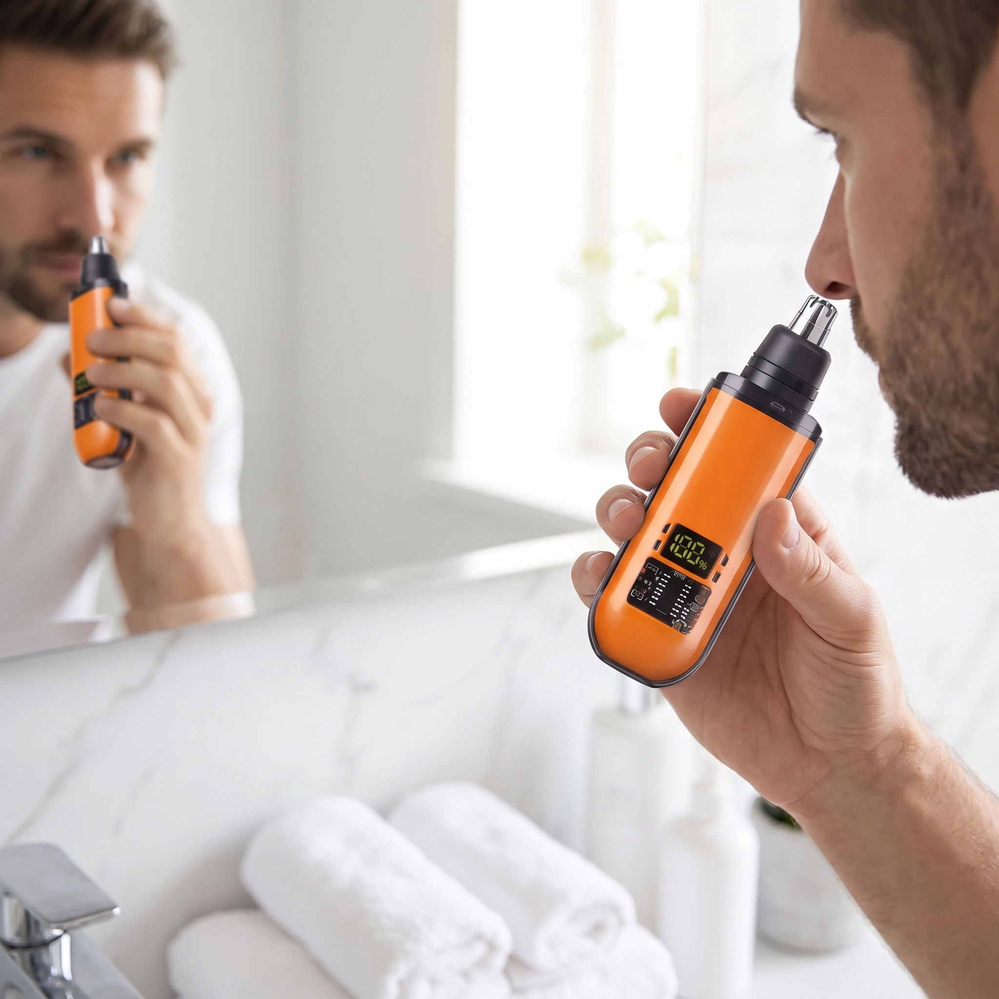 Man using the GroomPro nose and ear hair trimmer at a bathroom mirror
