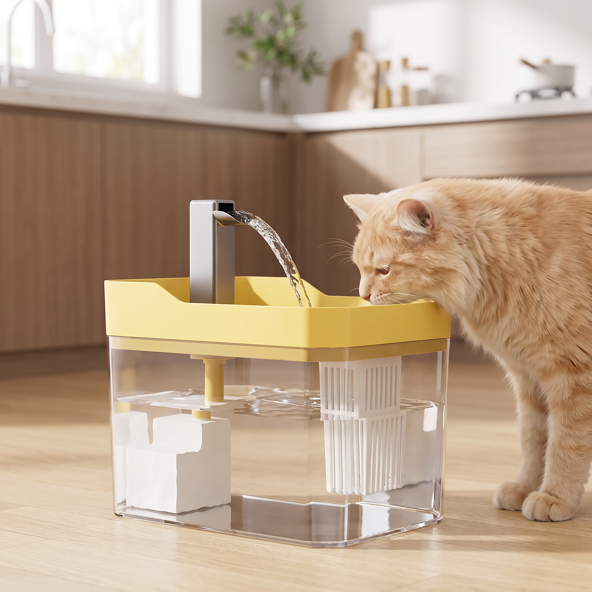 Cat drinking from the transparent USB cat water fountain