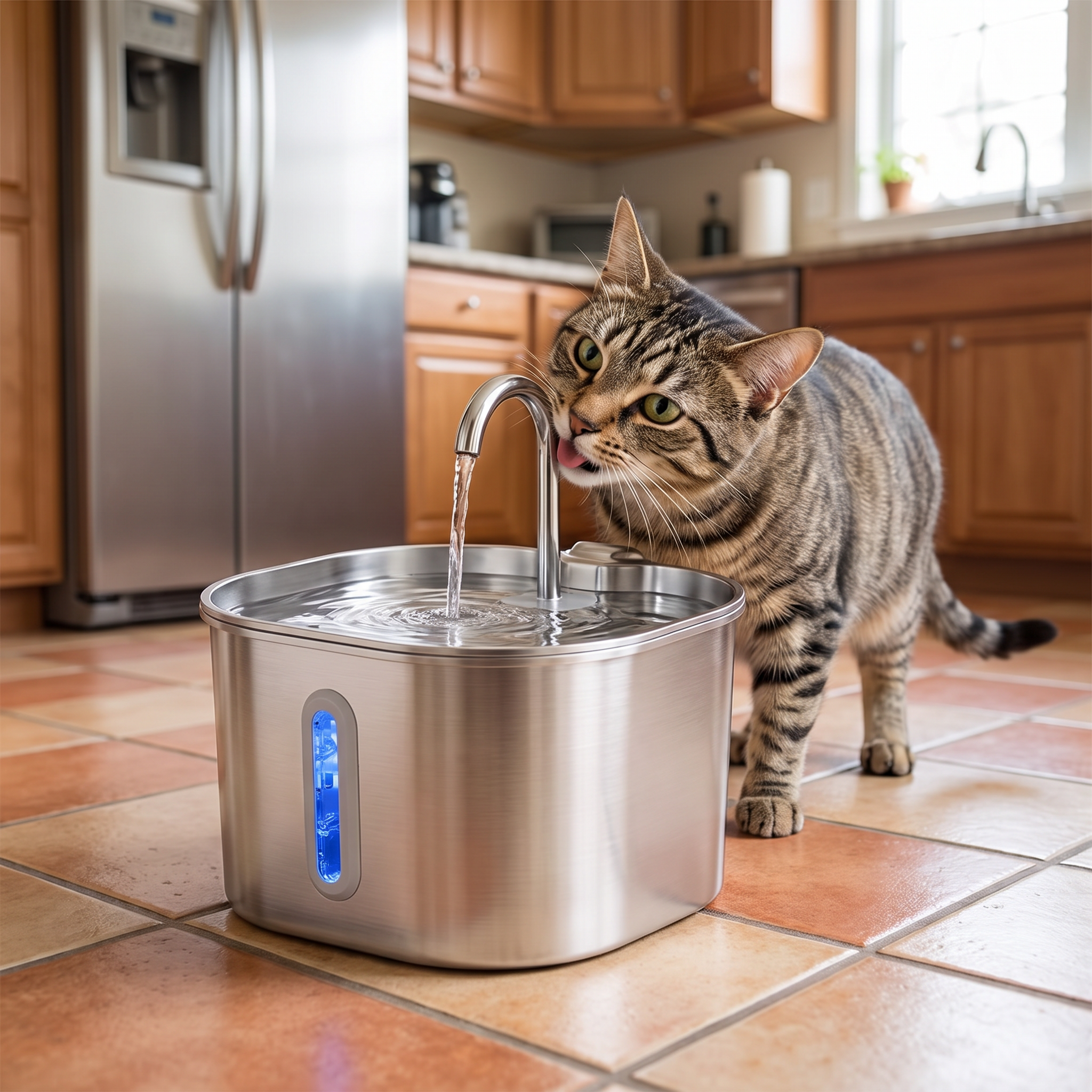 Tabby cat drinking from the stainless steel automatic cat water fountain