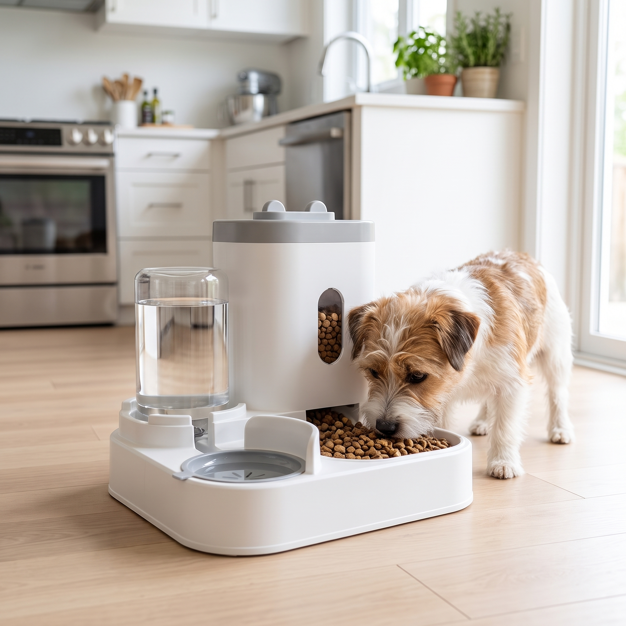Small dog eating from the automatic pet feeder and water fountain