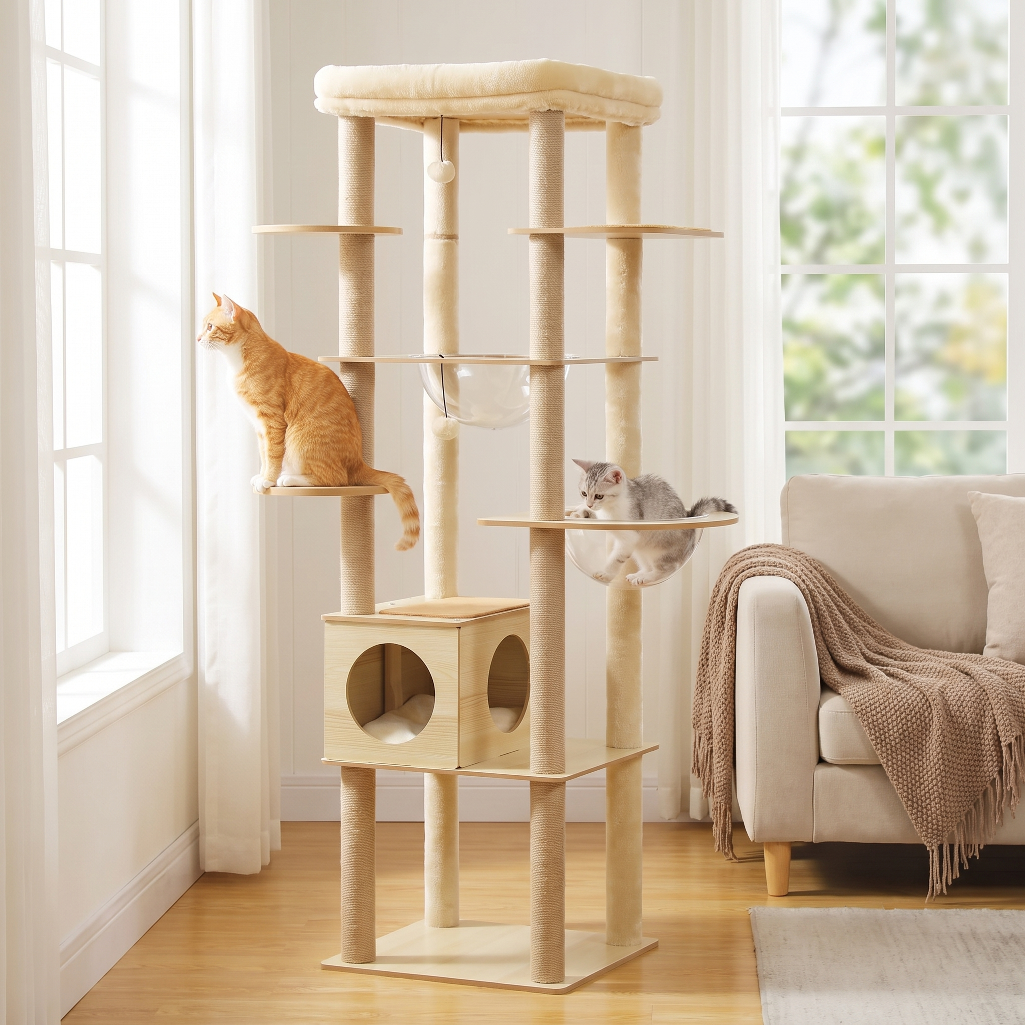 Cats playing on the multi-level wooden cat tree in a bright living room