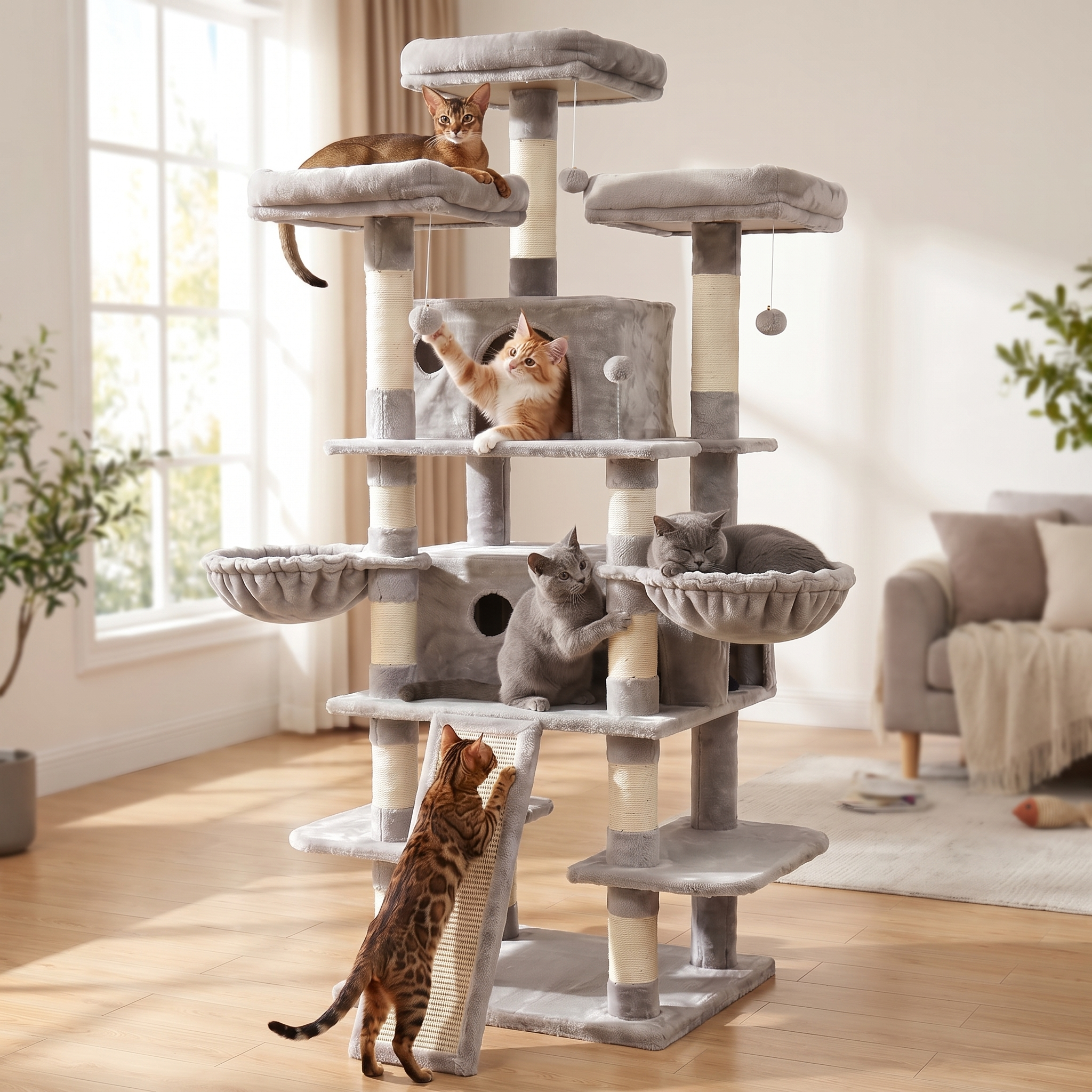 Cats resting on the large multi-level cat tree tower in a sunlit living room