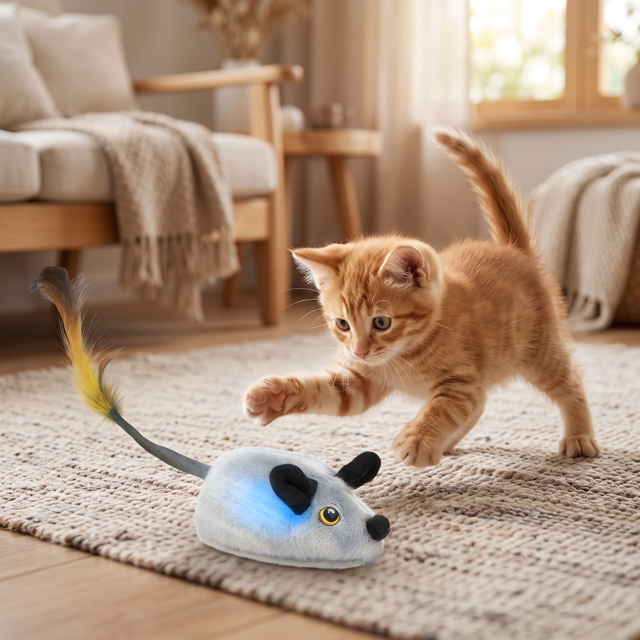 Kitten playing with the automatic sensing plush mouse toy