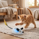 Kitten playing with the automatic sensing plush mouse toy