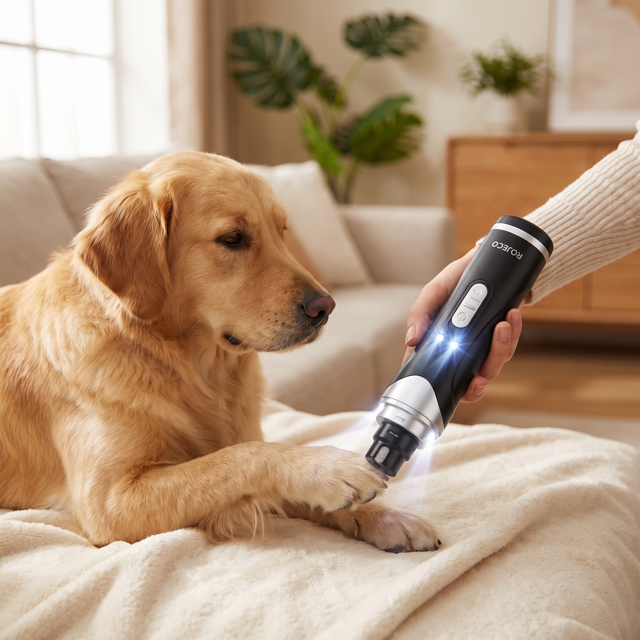 Woman using the electric pet nail grinder with LED light on a dog