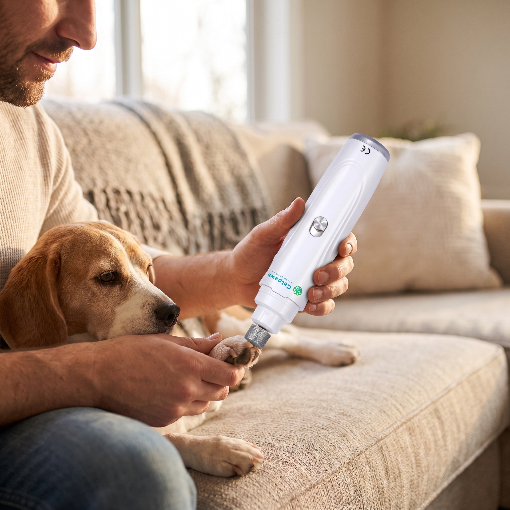 Man grooming a dog's paw with the USB rechargeable nail grinder
