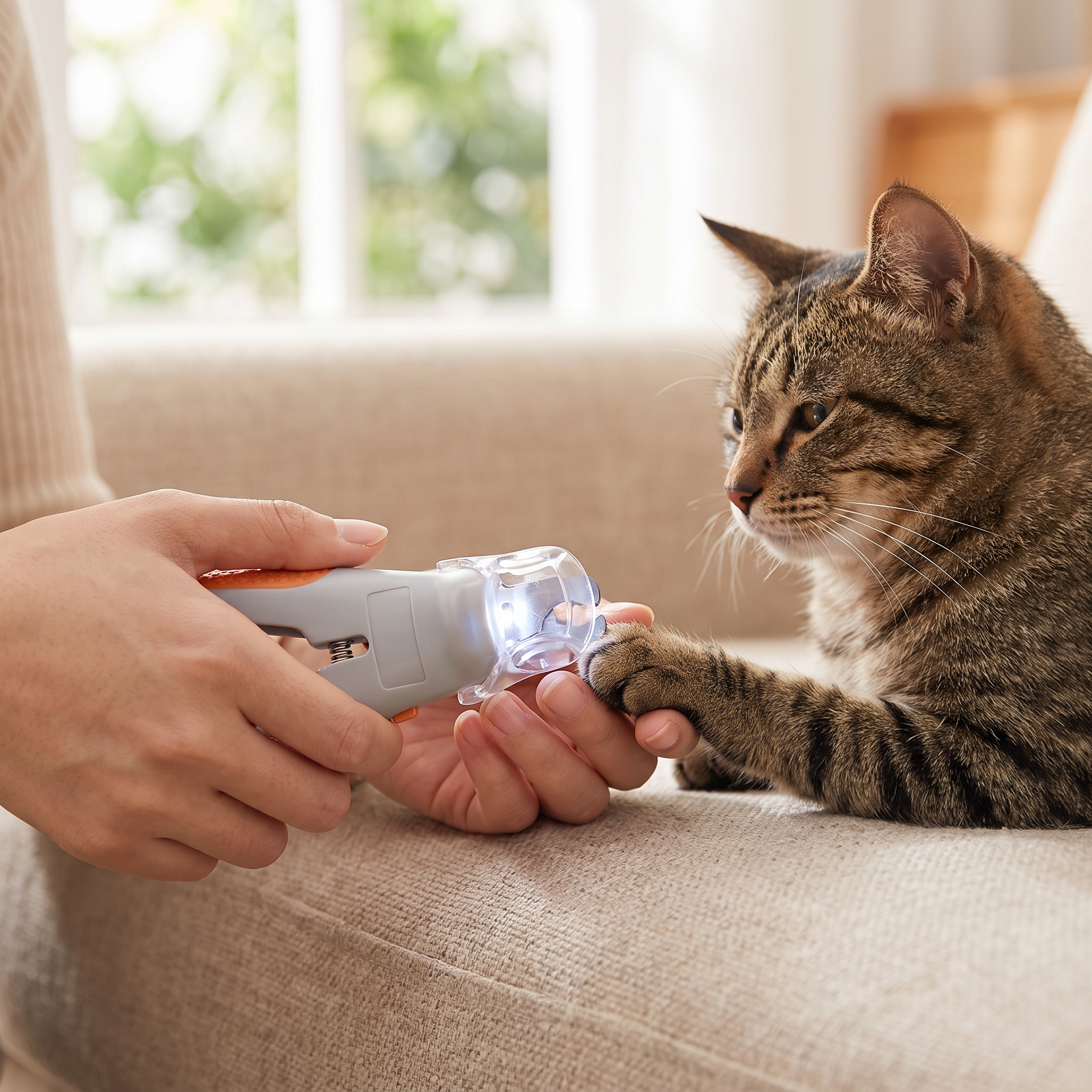 Pet nail clipper scissors with LED light used to trim a cat's claw