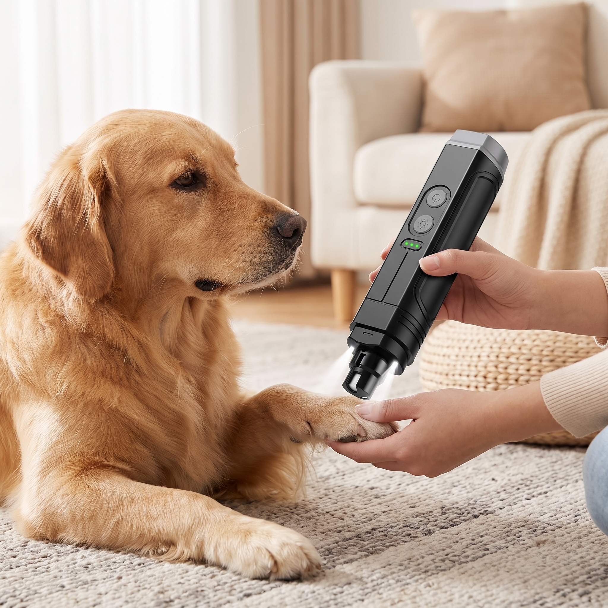 Electric pet nail grinder with LED light grinding a golden retriever's nail