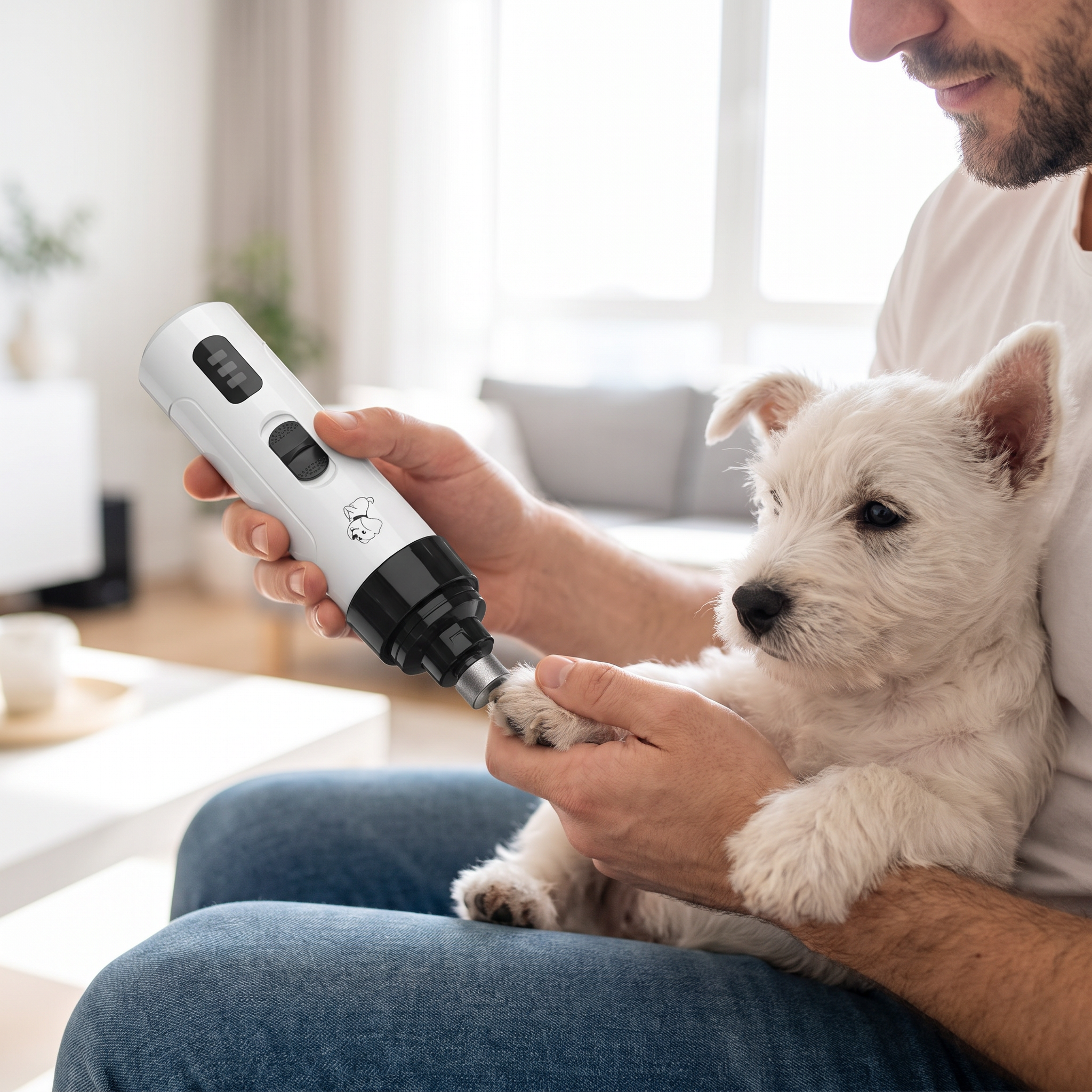 USB rechargeable dog nail grinder used on a small terrier at home