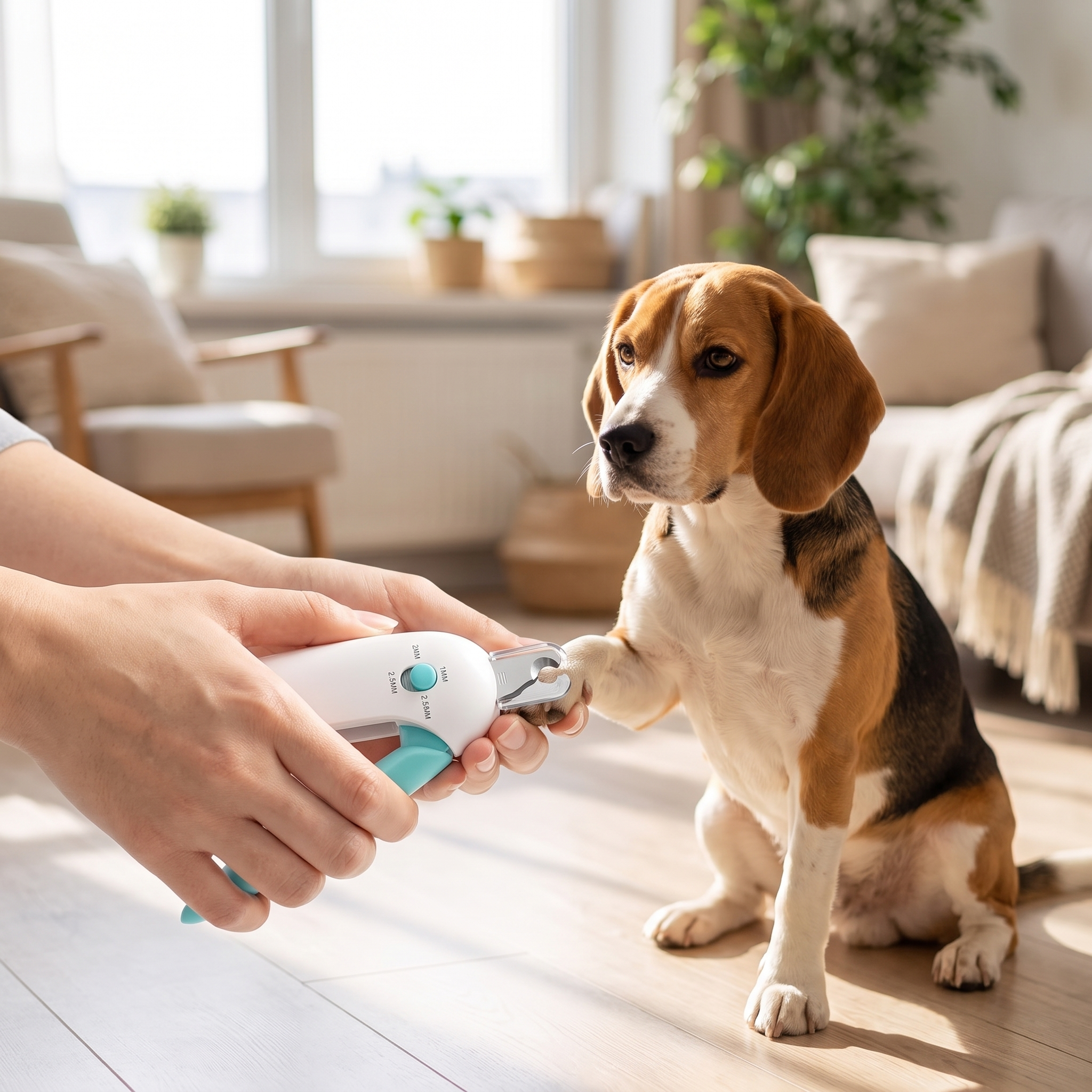 Stainless steel pet nail clippers with safety guard trimming a beagle's nail