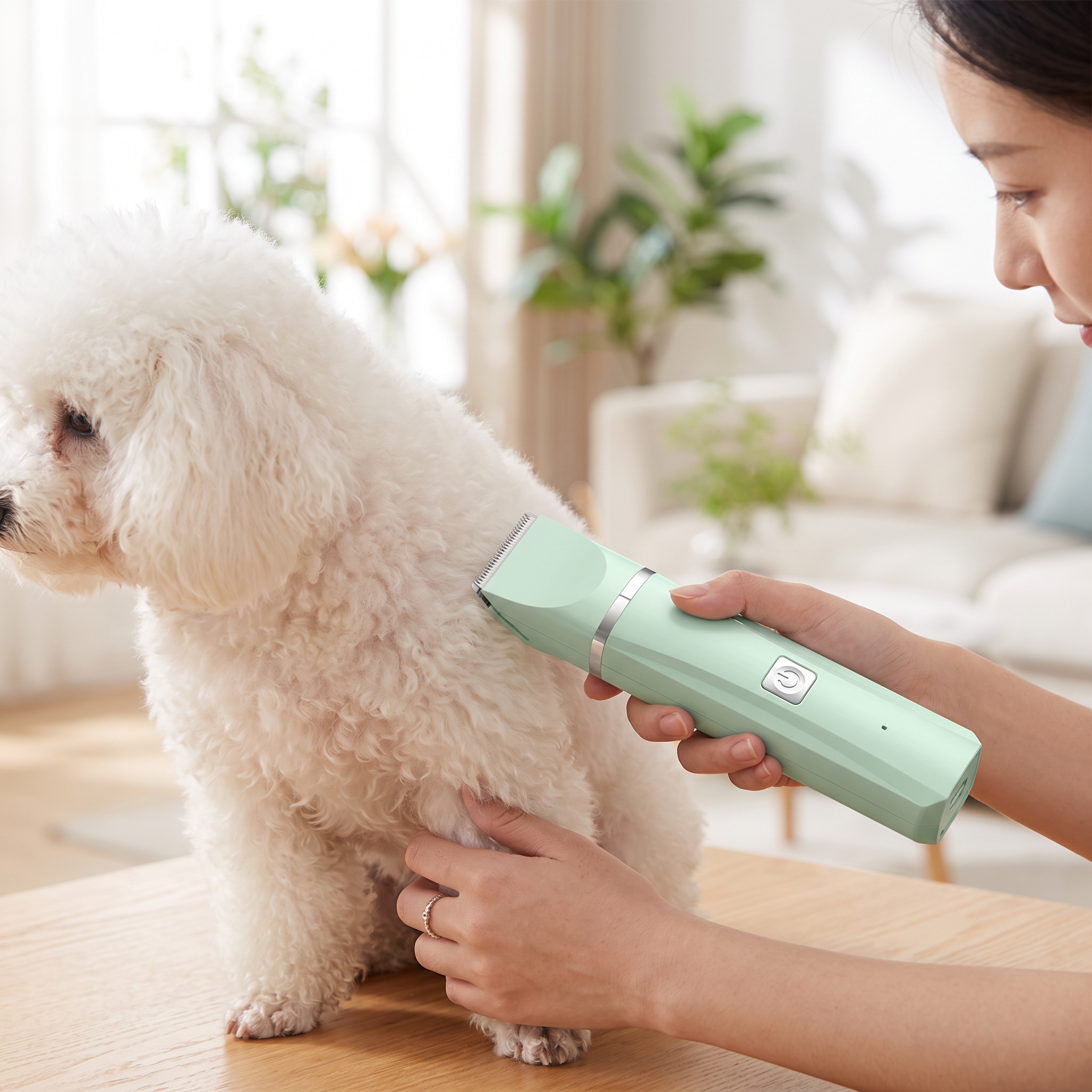 4-in-1 rechargeable pet hair clipper trimming a poodle's coat