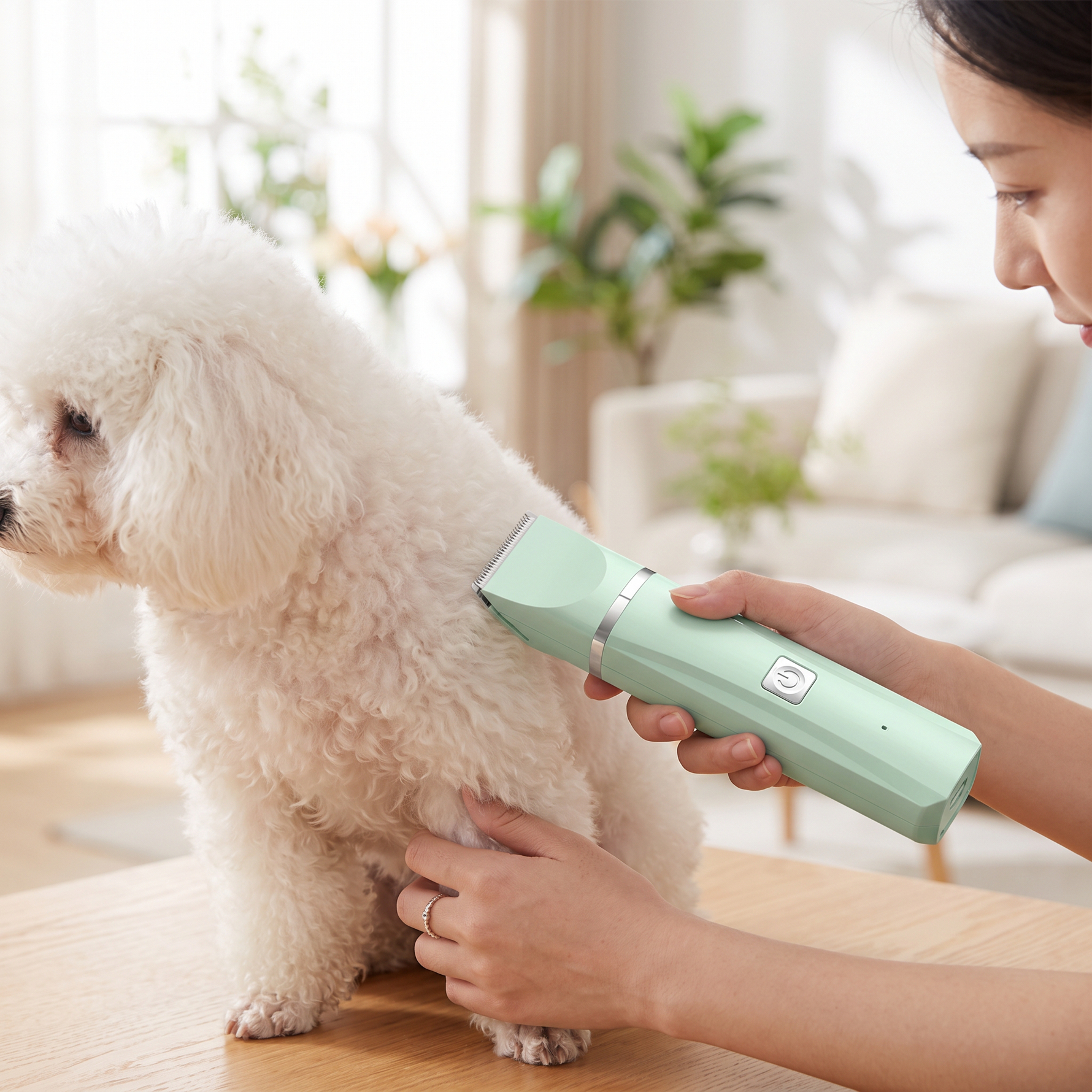 4-in-1 rechargeable pet hair clipper trimming a poodle's coat