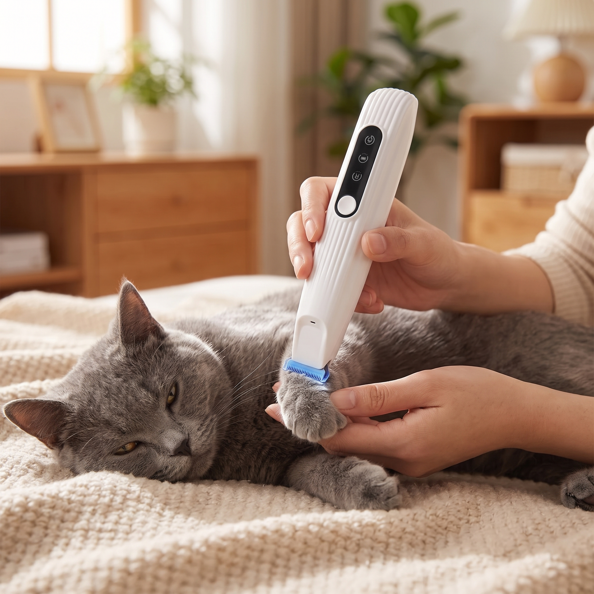 Cordless dog and cat hair trimmer with LED light grooming a calm cat