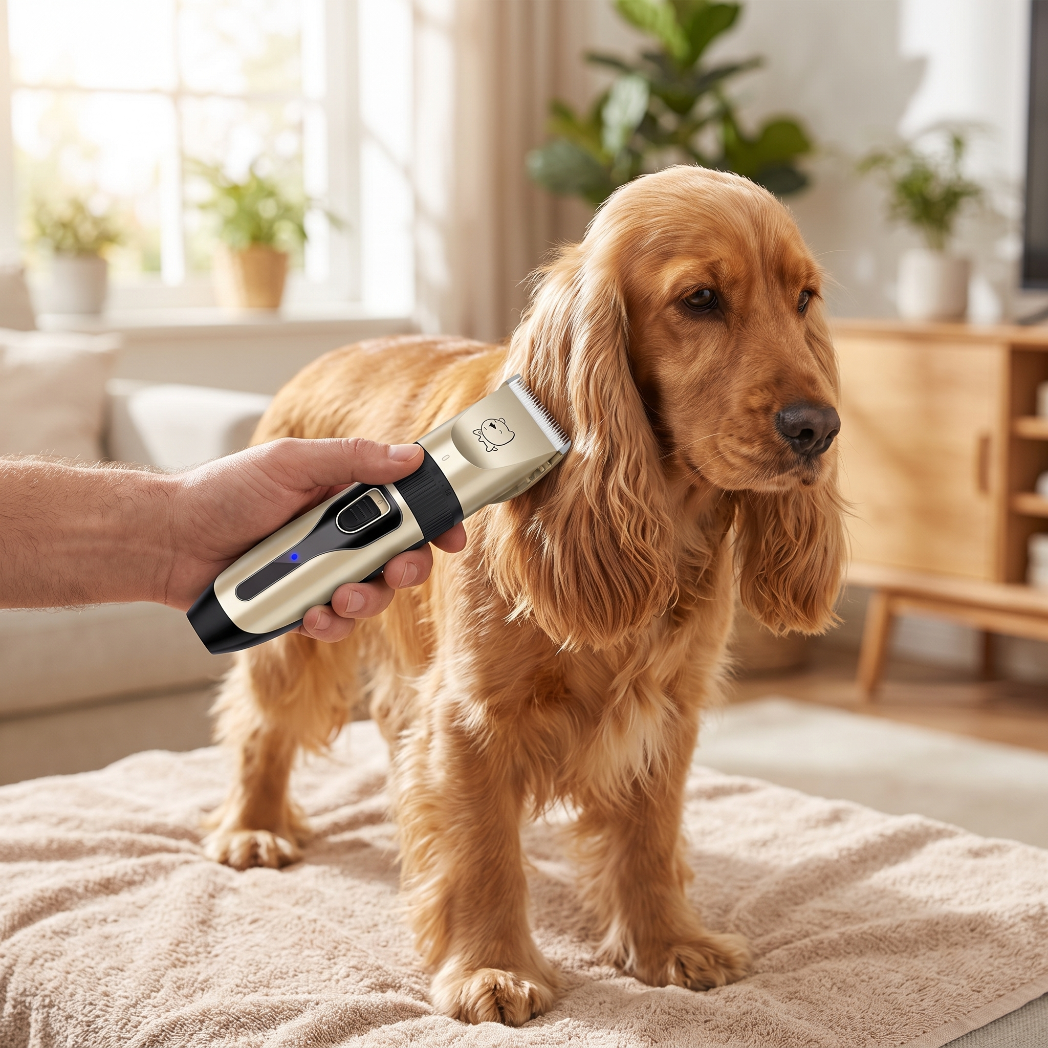 Rechargeable quiet dog hair clipper grooming a cocker spaniel
