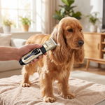 Rechargeable quiet dog hair clipper grooming a cocker spaniel