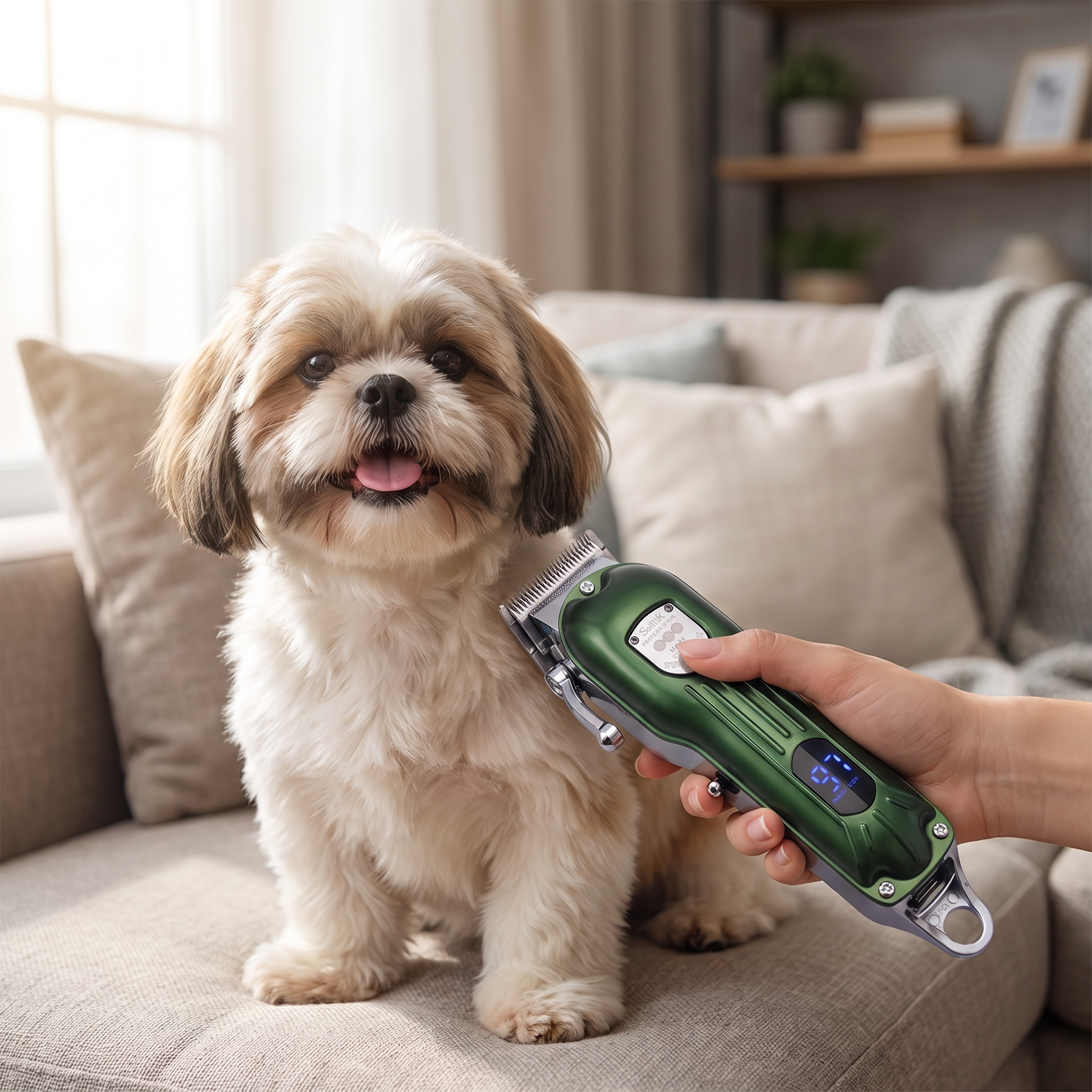 Low noise rechargeable dog hair clipper trimming a shih tzu on a couch