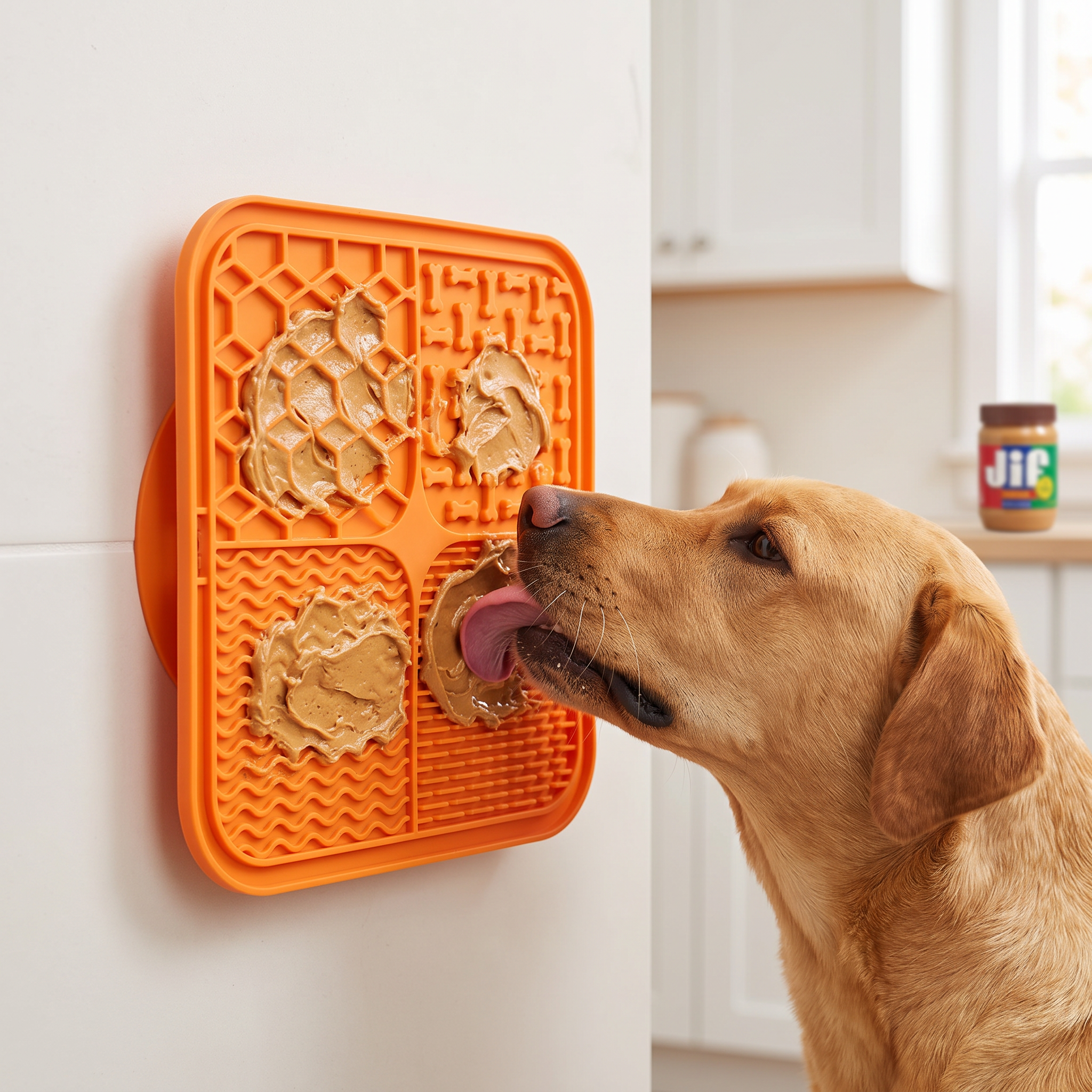 Silicone pet lick mat with suction base used by a labrador in a kitchen