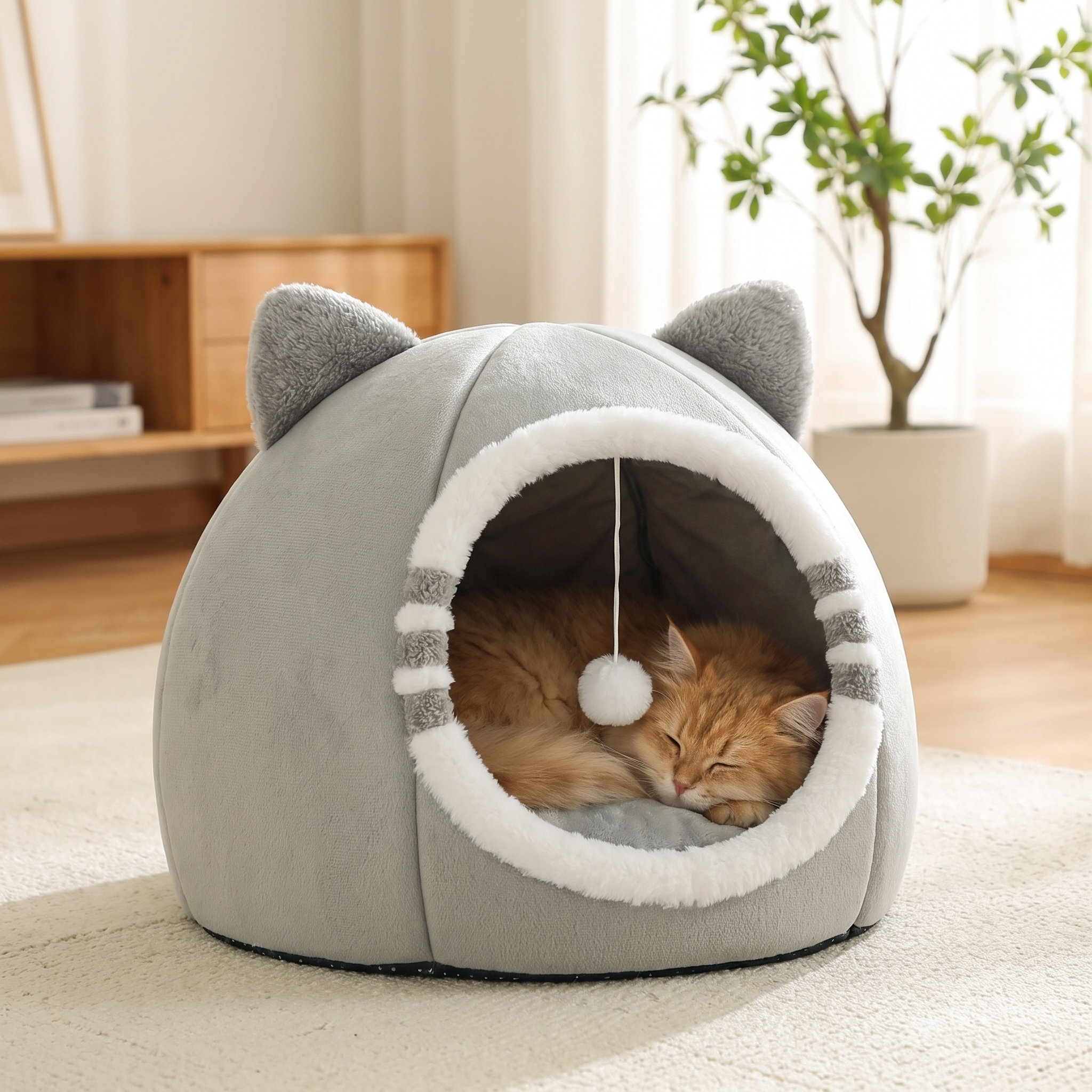 Cat bed cave nest with a ginger cat sleeping inside