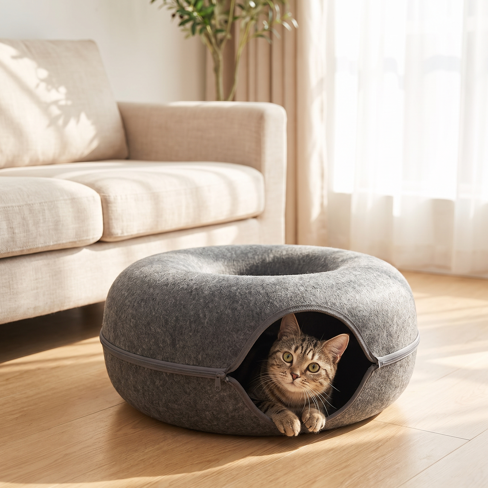 Round cat tunnel bed with a tabby cat peeking out