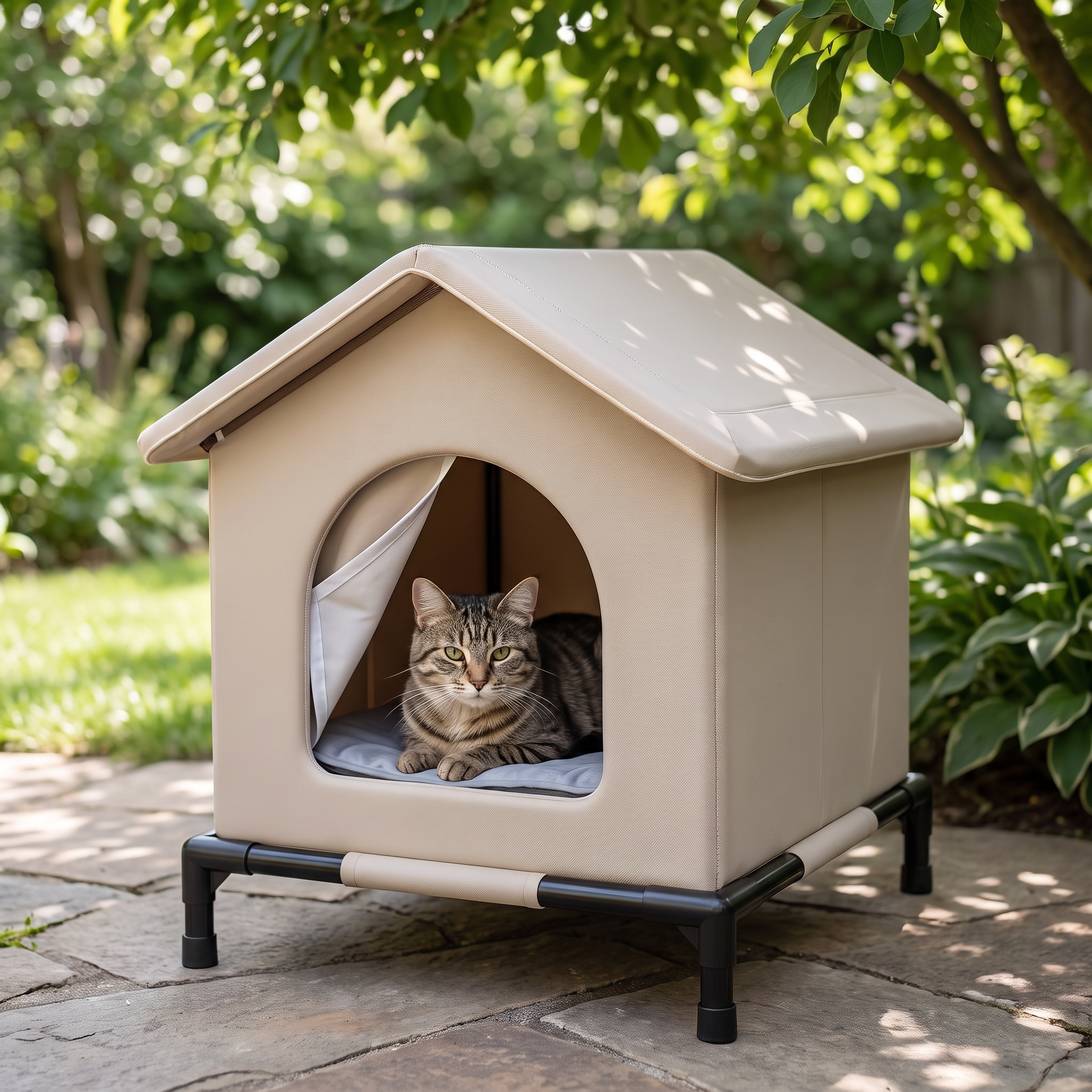Waterproof foldable cat house on a garden patio with a cat inside