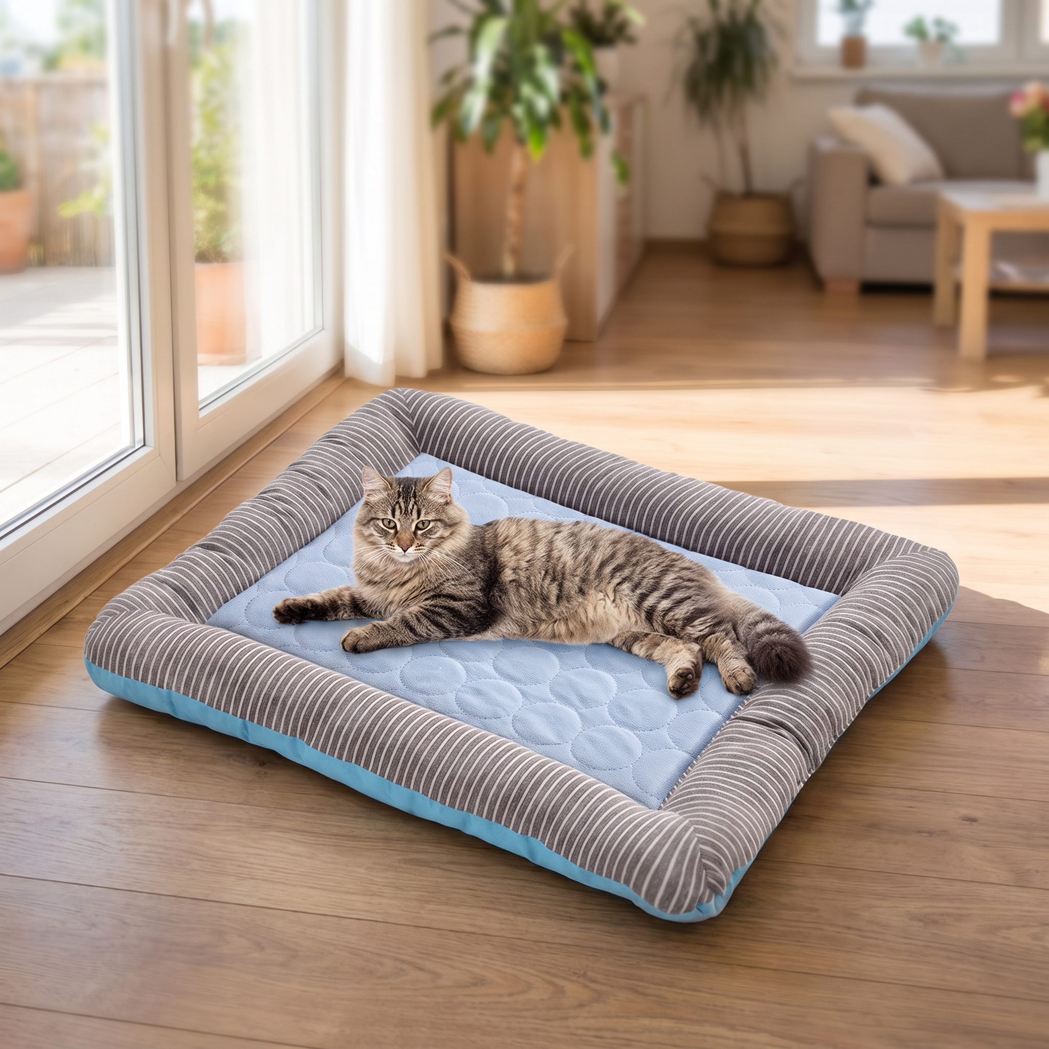 Ice silk cooling pad with a cat lounging on it by a patio door