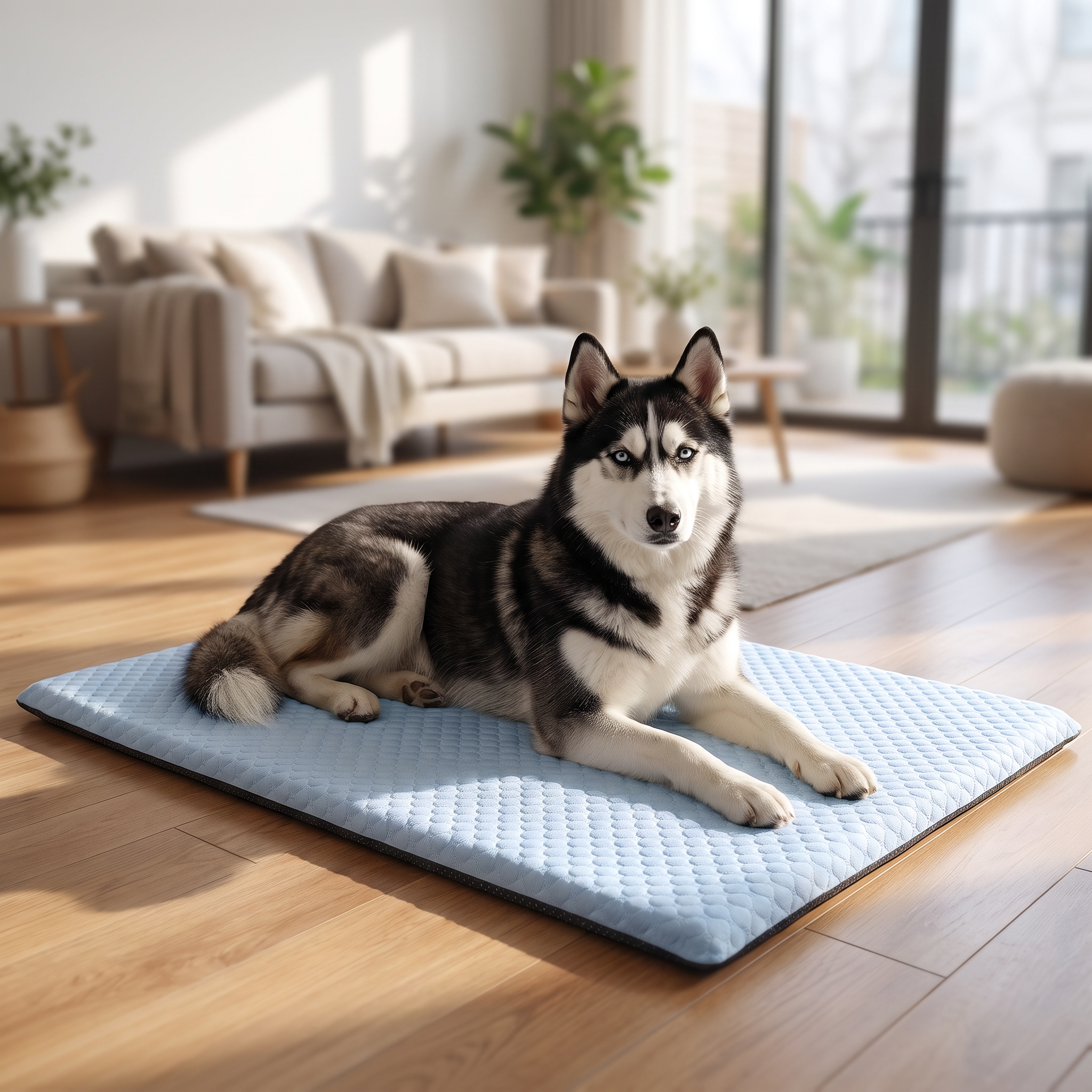 Ice silk pet cooling mat with a husky resting on it